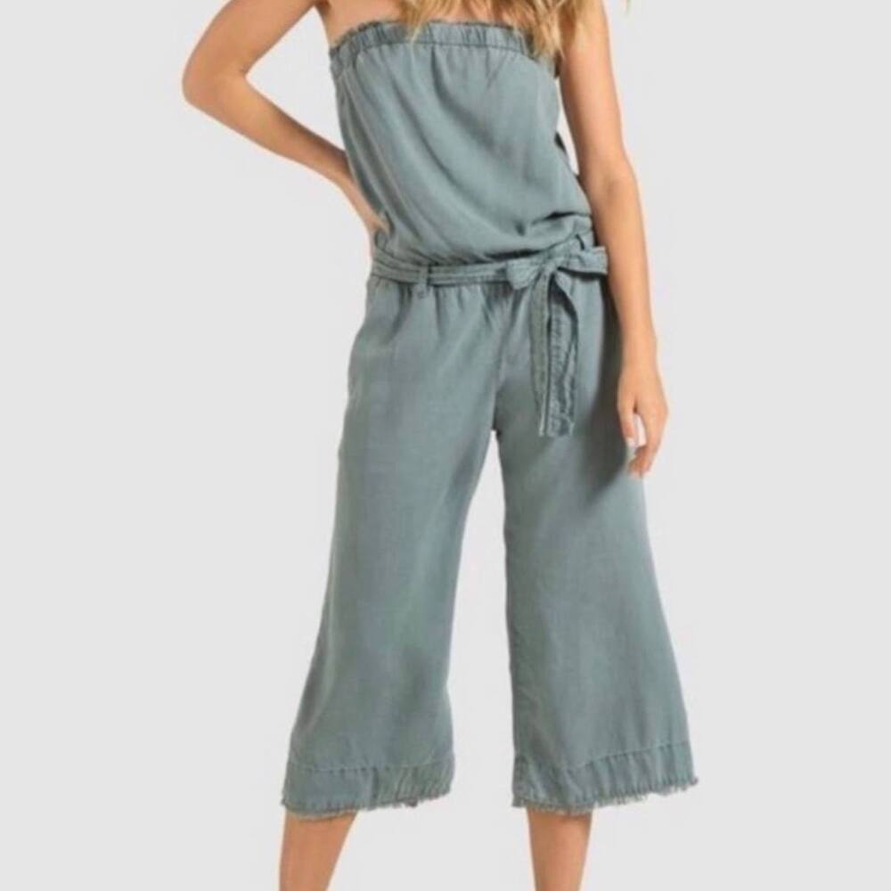 Cloth & Stone Blue Strapless Frayed Crop Wide Leg Jumpsuit W/ Pockets Size M